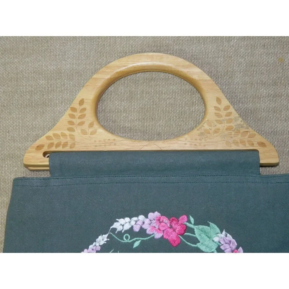 Vintage Blue Green Purse Wood Handles Pink Green‎ Floral Embroidery